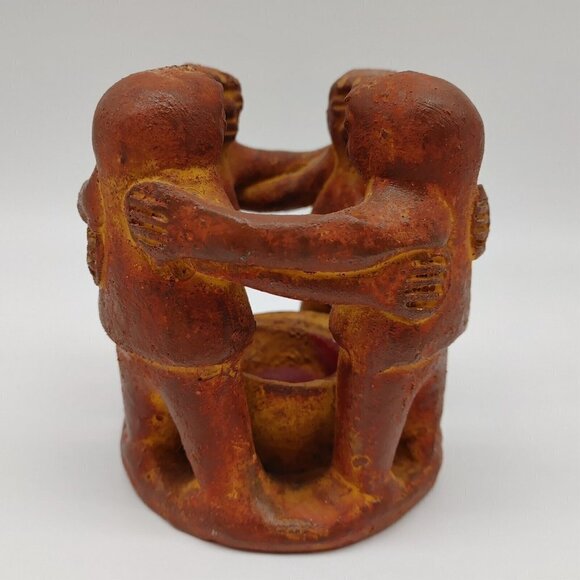 Aztec Mayan Pre Columbian Circle Of 4 Friends Dancing Art Candle Holder Vintage - Picture 2 of 10